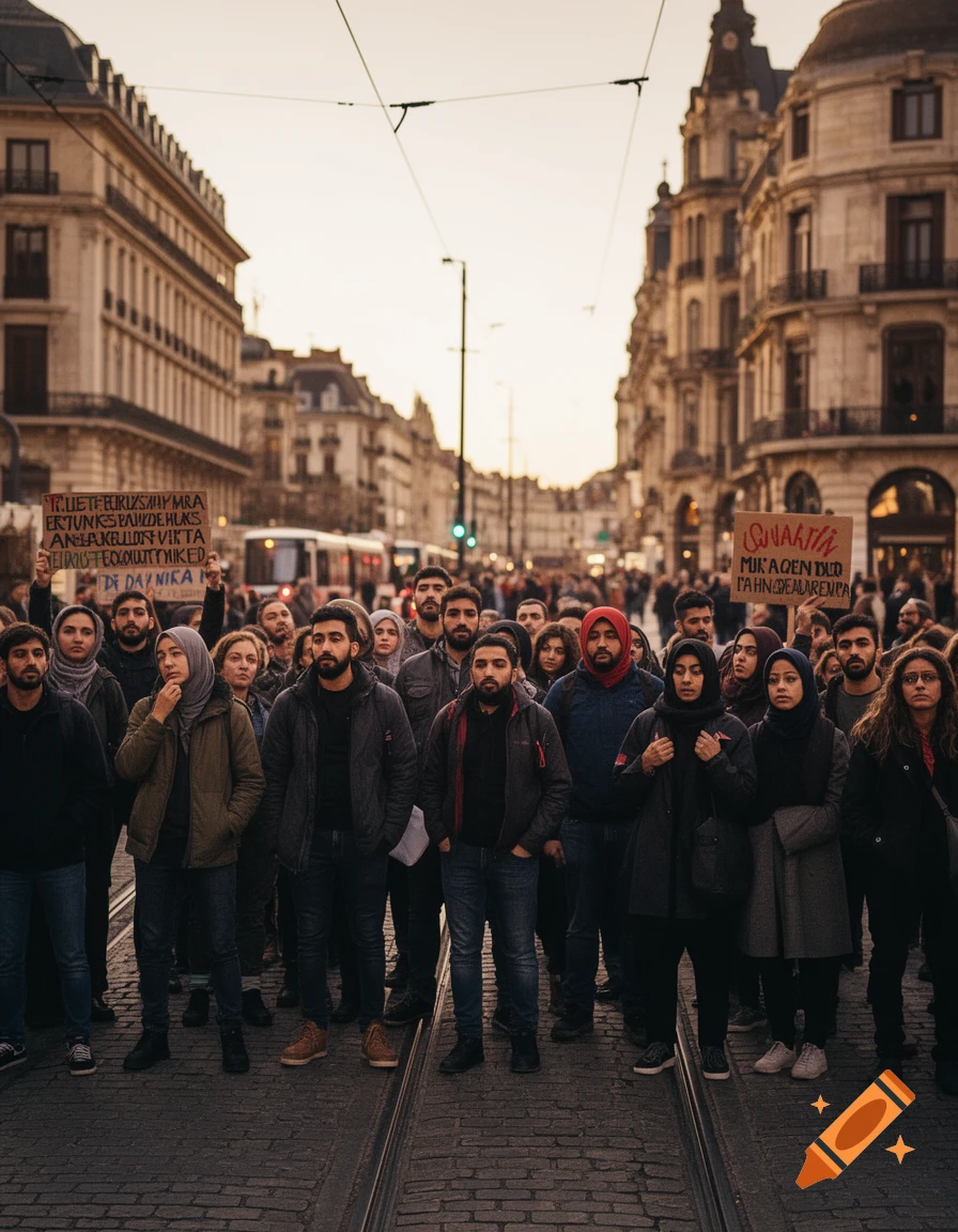 A diverse crowd of people gathered on a city street, some holding signs with illegible text, in what appears to be a protest or demonstration. Tall buildings line the street under an overcast sky.