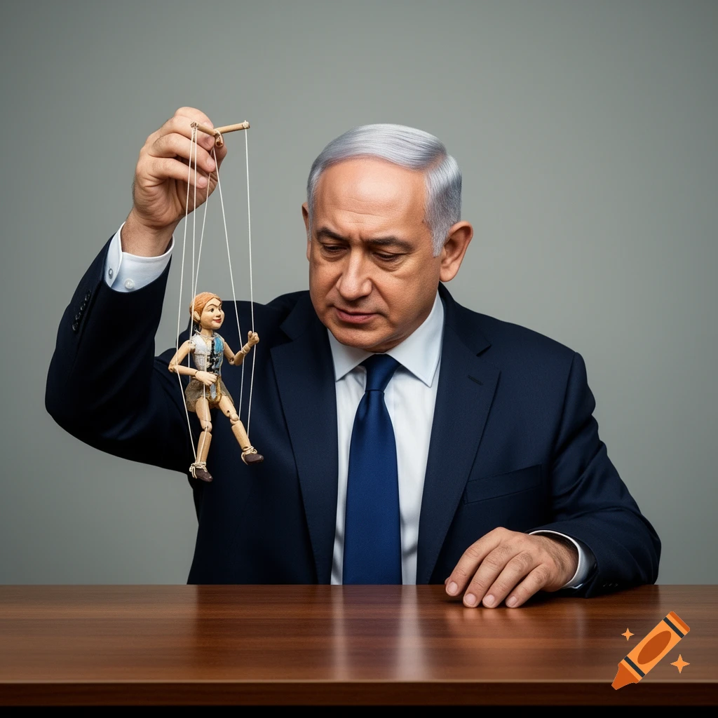 Photorealistic image of Benjamin Netanyahu sitting at a wooden table, holding a puppet with strings in his raised hand.