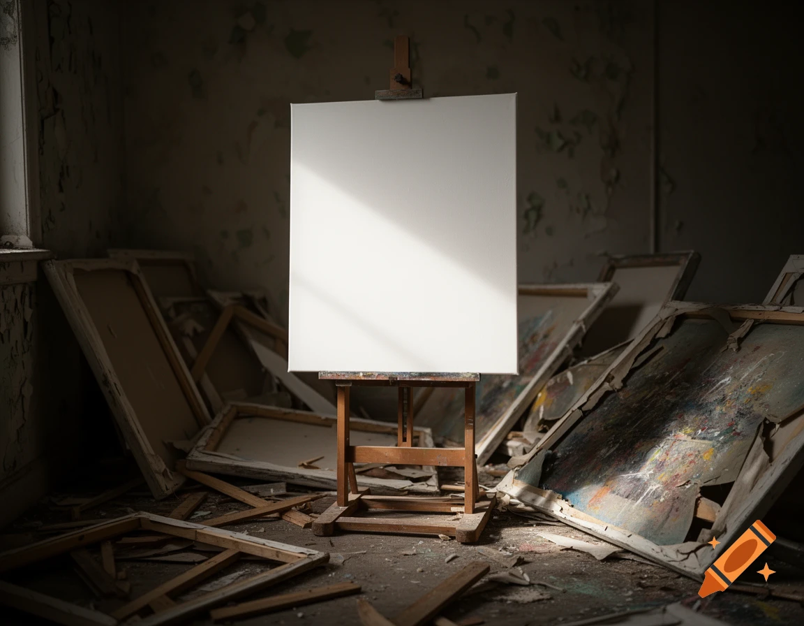 A blank canvas on an easel, illuminated by a beam of light, stands in a dark, ruined artist's studio amidst scattered broken canvases and debris.
