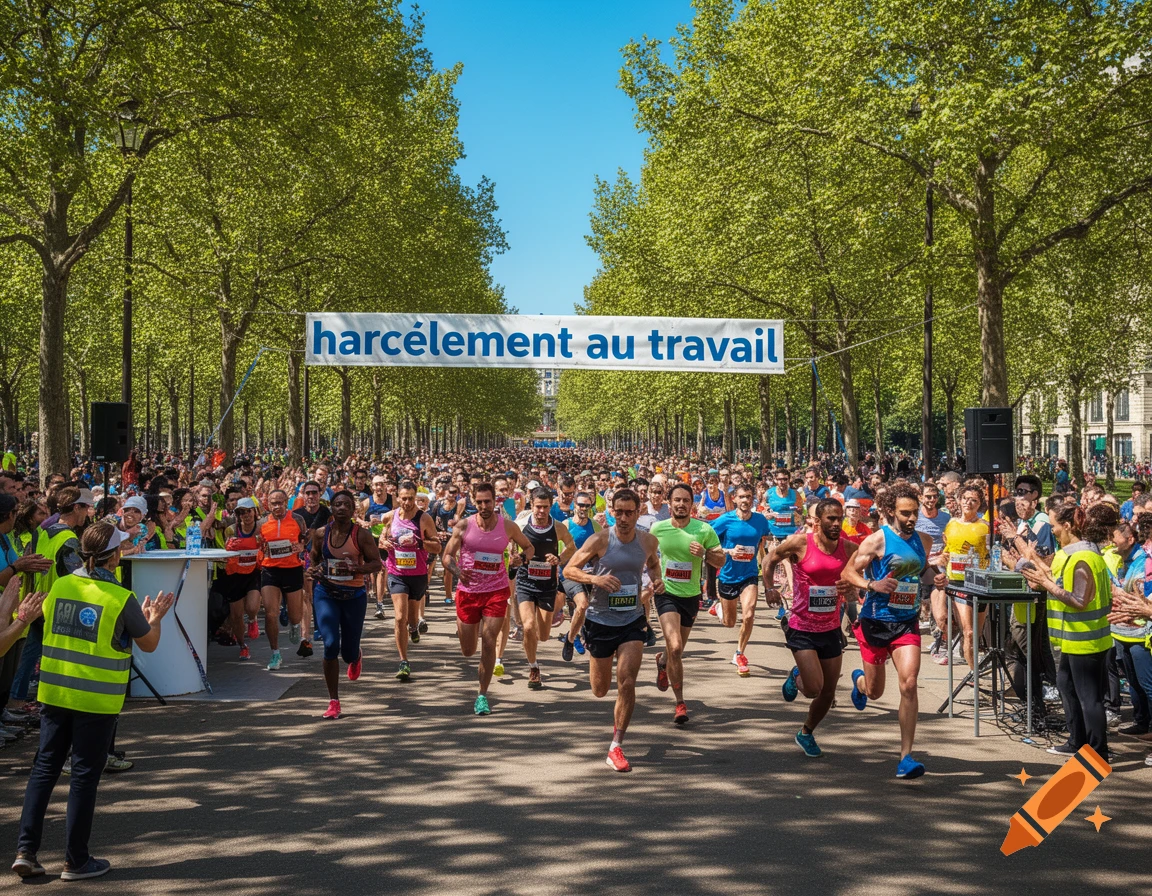 A large crowd of runners participates in a marathon under a banner reading 'harcèlement au travail' (harassment at work), lined by trees on a sunny day.