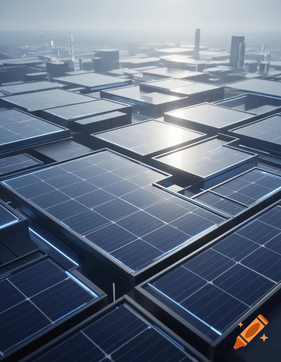 Aerial view of a futuristic cityscape dominated by dark blue solar panels reflecting sunlight, under a hazy sky.