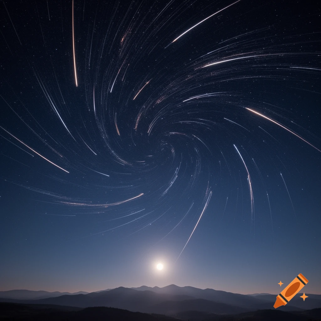 Swirling white star trails streak across a dark blue night sky above silhouetted mountains, with a bright moon on the horizon.