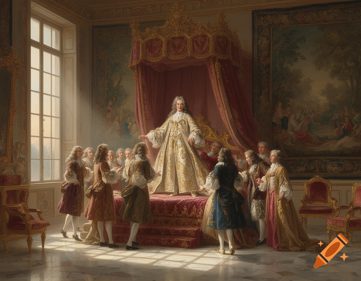 A painting depicts Louis XIV in an elaborate gold and white robe standing on a red canopy bed, surrounded by attendants in a grand room.