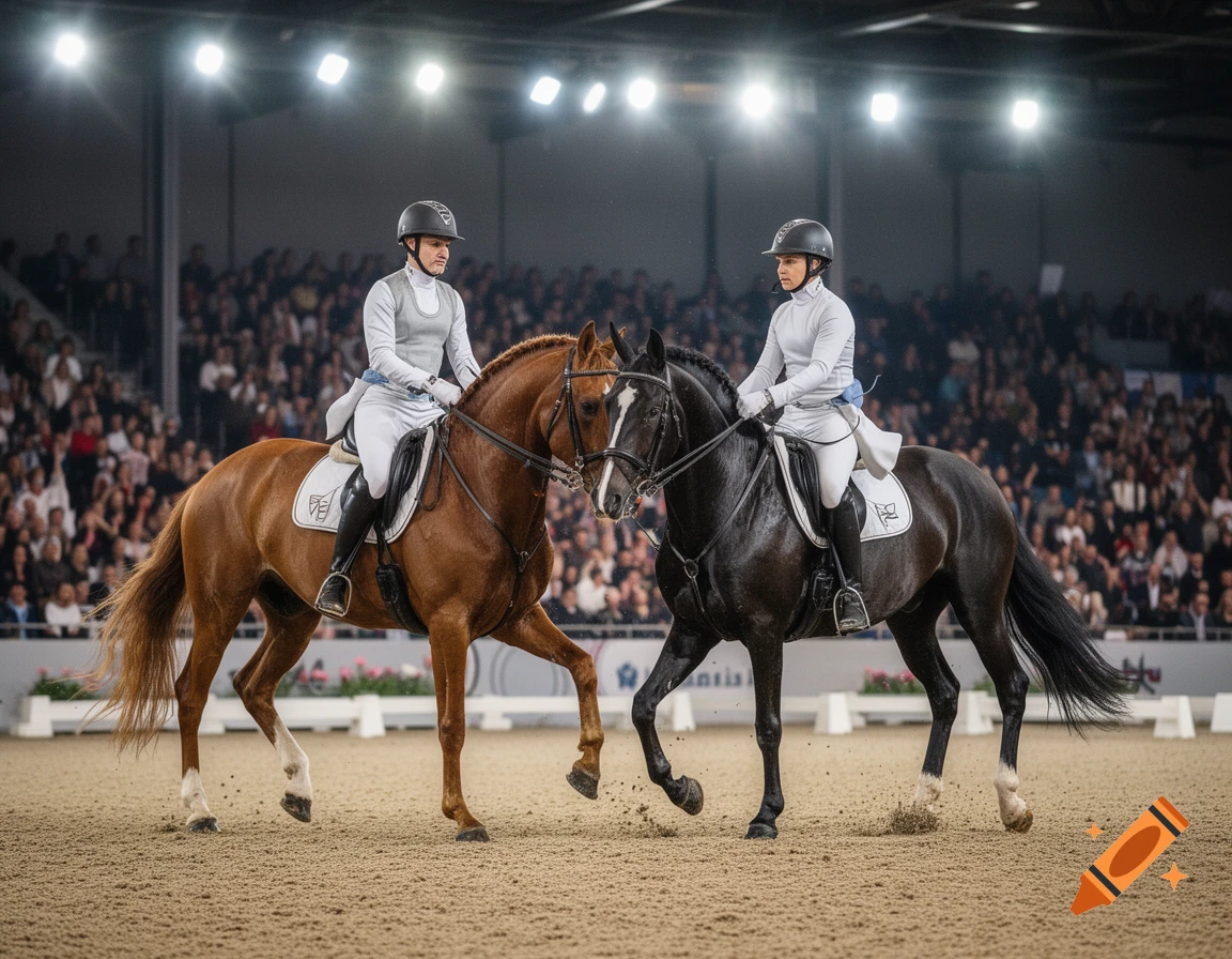 Two riders on a brown horse and a black horse in a formal dressage competition in an indoor arena, with spectators in the background.