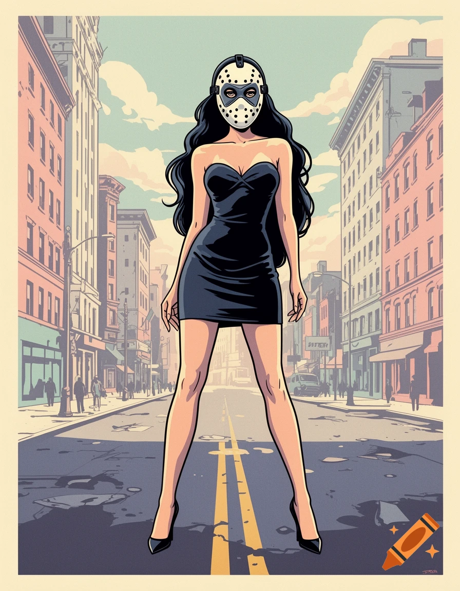 Pop art illustration of a woman with long dark hair, wearing a black strapless dress and a white hockey mask, standing confidently in the middle of a city street lined with buildings.