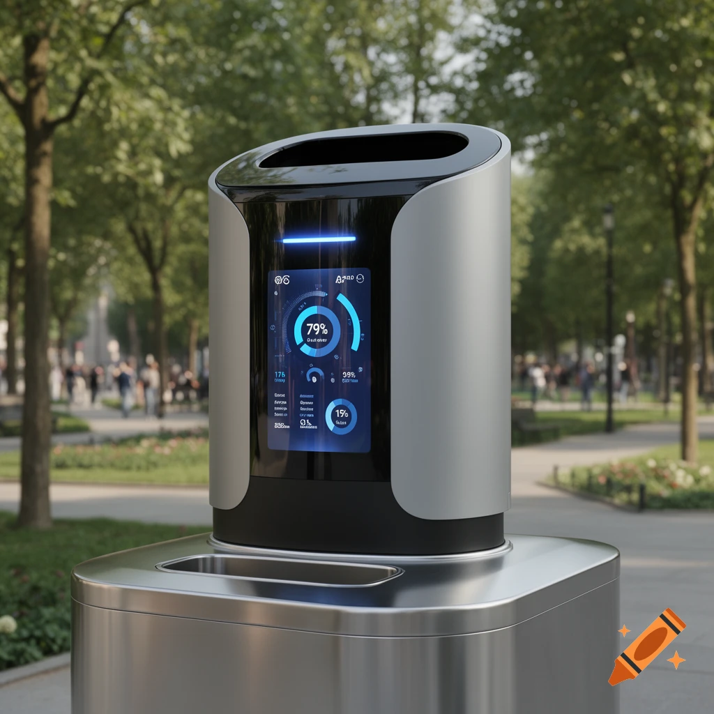 A futuristic smart waste sorting bin with a digital screen displaying data sits in a sunny park with blurred trees and people in the background. The bin is made of silver and dark materials.