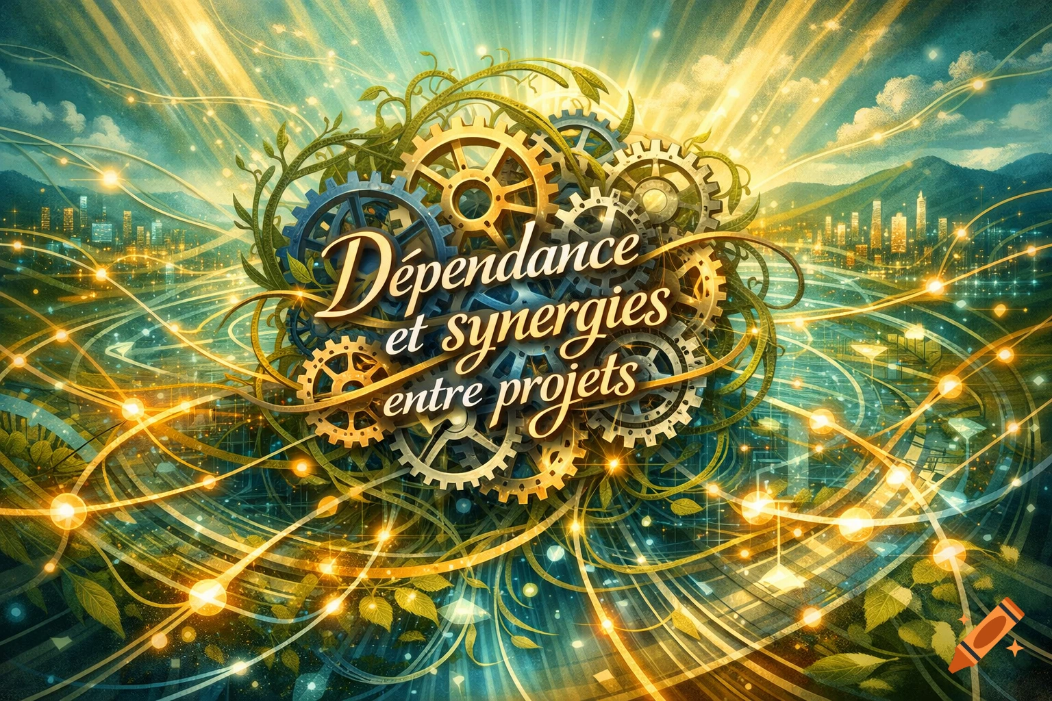 Text 'Dépendance et synergies entre projets' surrounded by golden gears, green leaves, and glowing lines over a stylized cityscape and mountains.