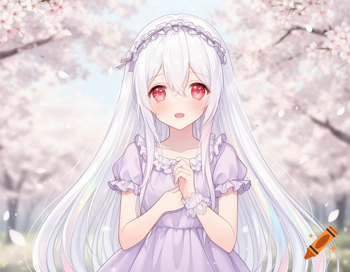 An anime girl with long white hair, red eyes, and a lavender dress, standing amongst pink cherry blossoms.