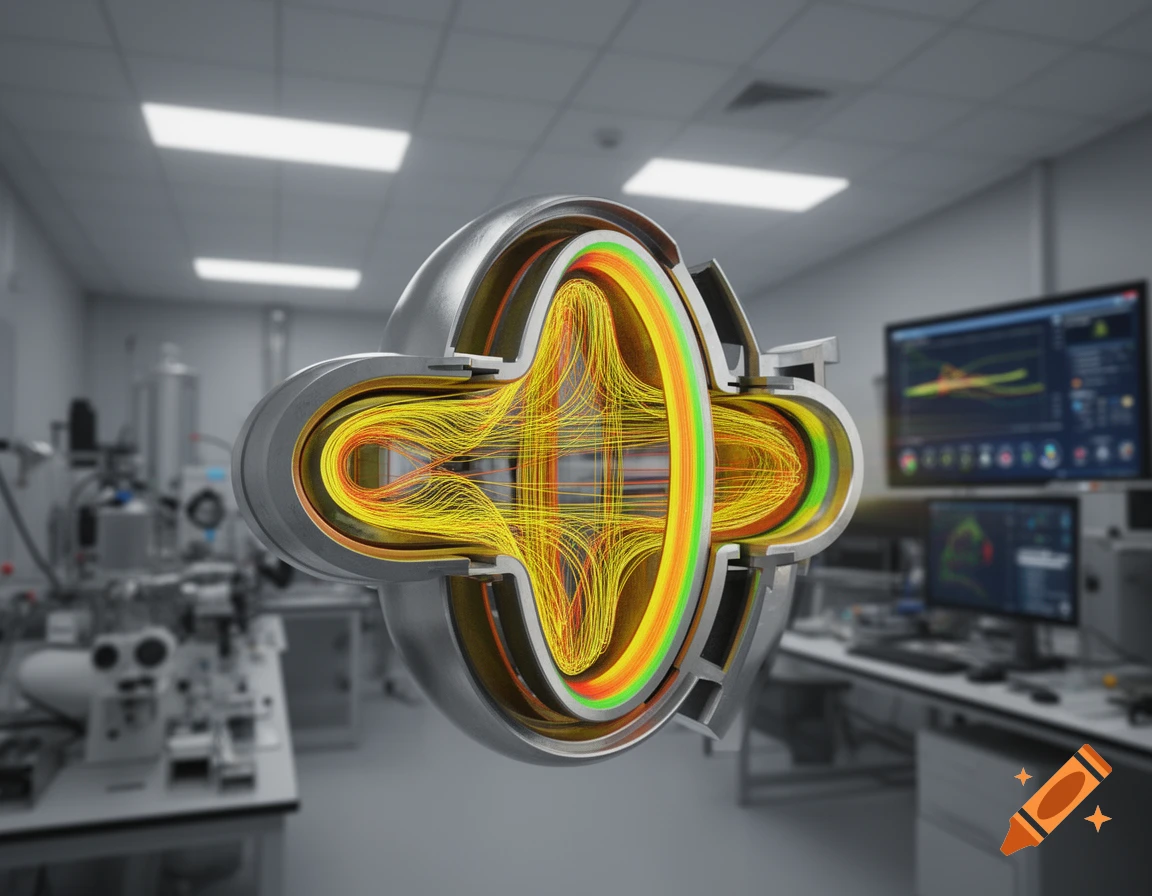 3D rendering of a scientific apparatus showing internal magnetic fields in a blurry lab.