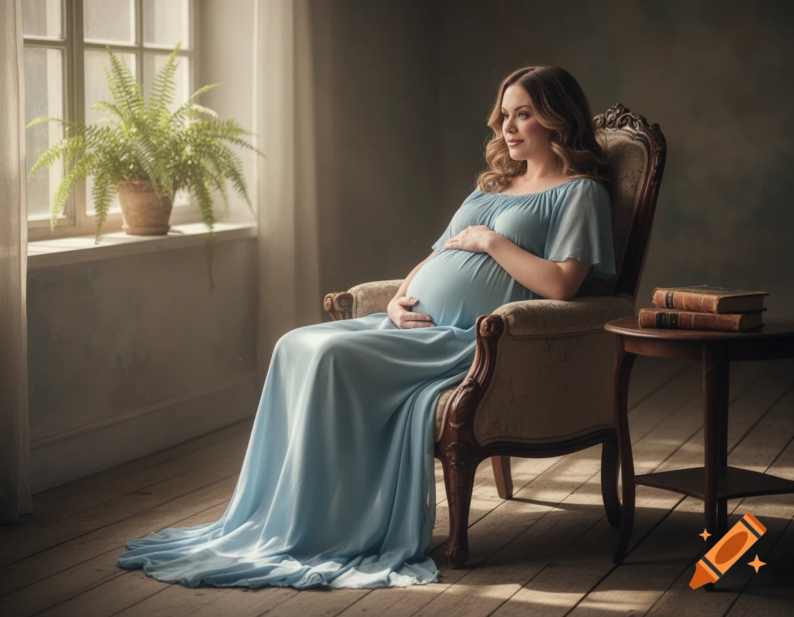A pregnant woman in a light blue dress sits in a vintage armchair by a window, gently holding her belly in a warm, artistic photo.
