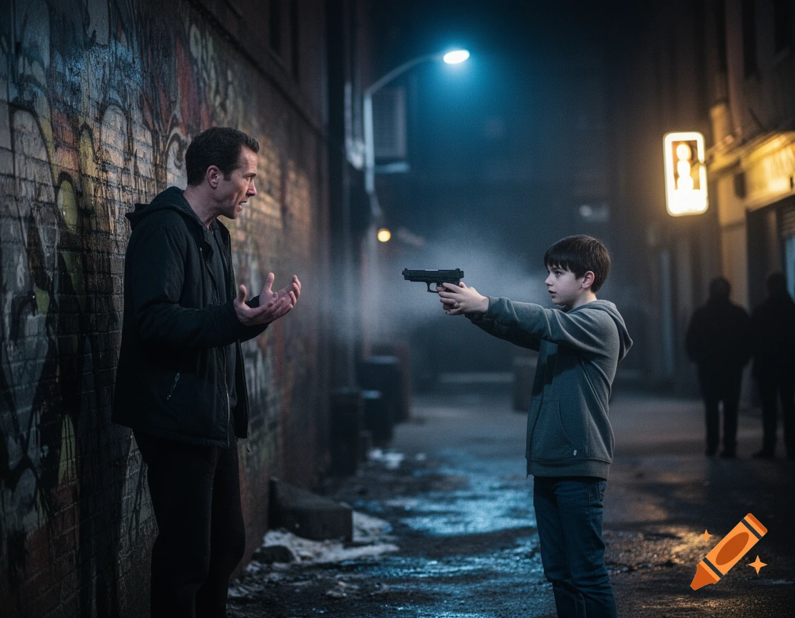 A scared man with raised hands faces a young boy pointing a handgun at him in a dark, wet alleyway with graffiti and neon lights.
