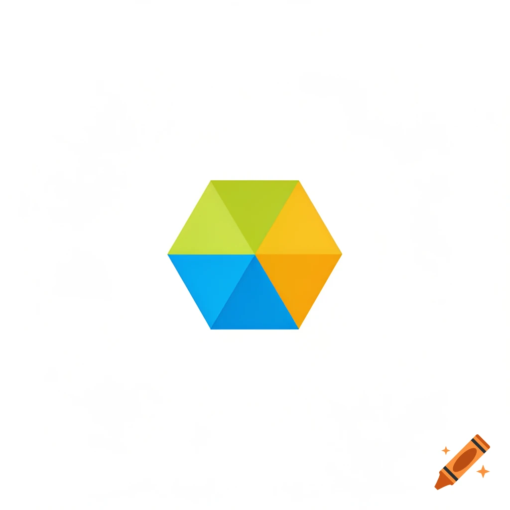 A colorful hexagon graphic divided into six triangles: two green, two orange, and two blue, on a white background.