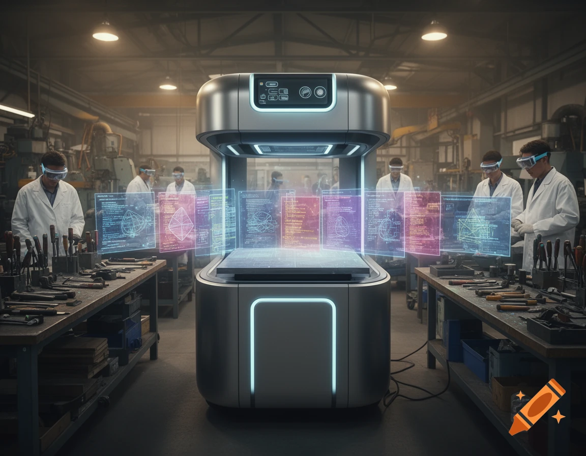 Scientists in a futuristic lab observe holographic data projected from ...