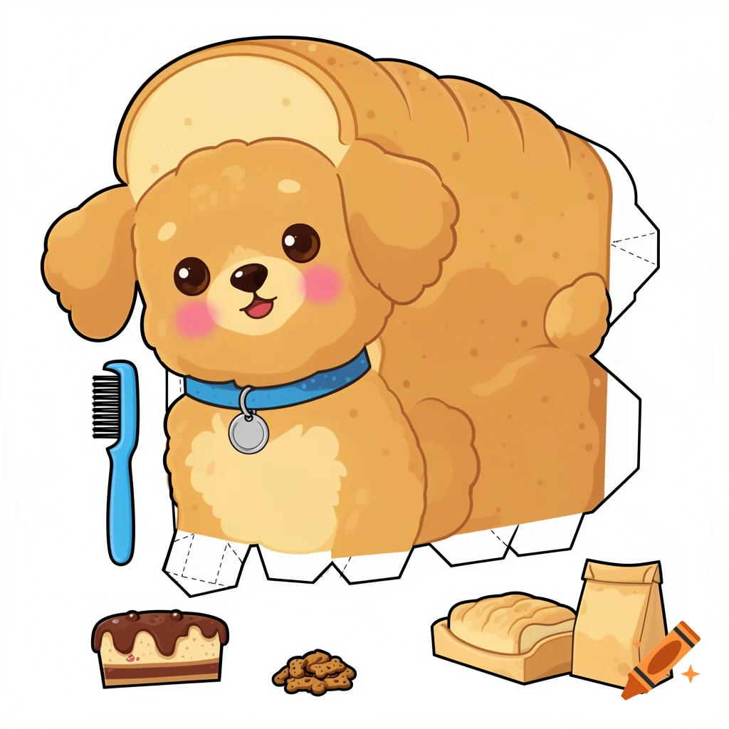 A cute puppy bread loaf paper craft template featuring a golden brown puppy with a blue collar, a comb, a slice of cake, dog treats, and a bread loaf with a paper bag.