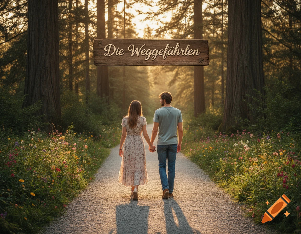 A couple holding hands walks down a sunny forest path under a sign reading 'Die Weggefährten'.