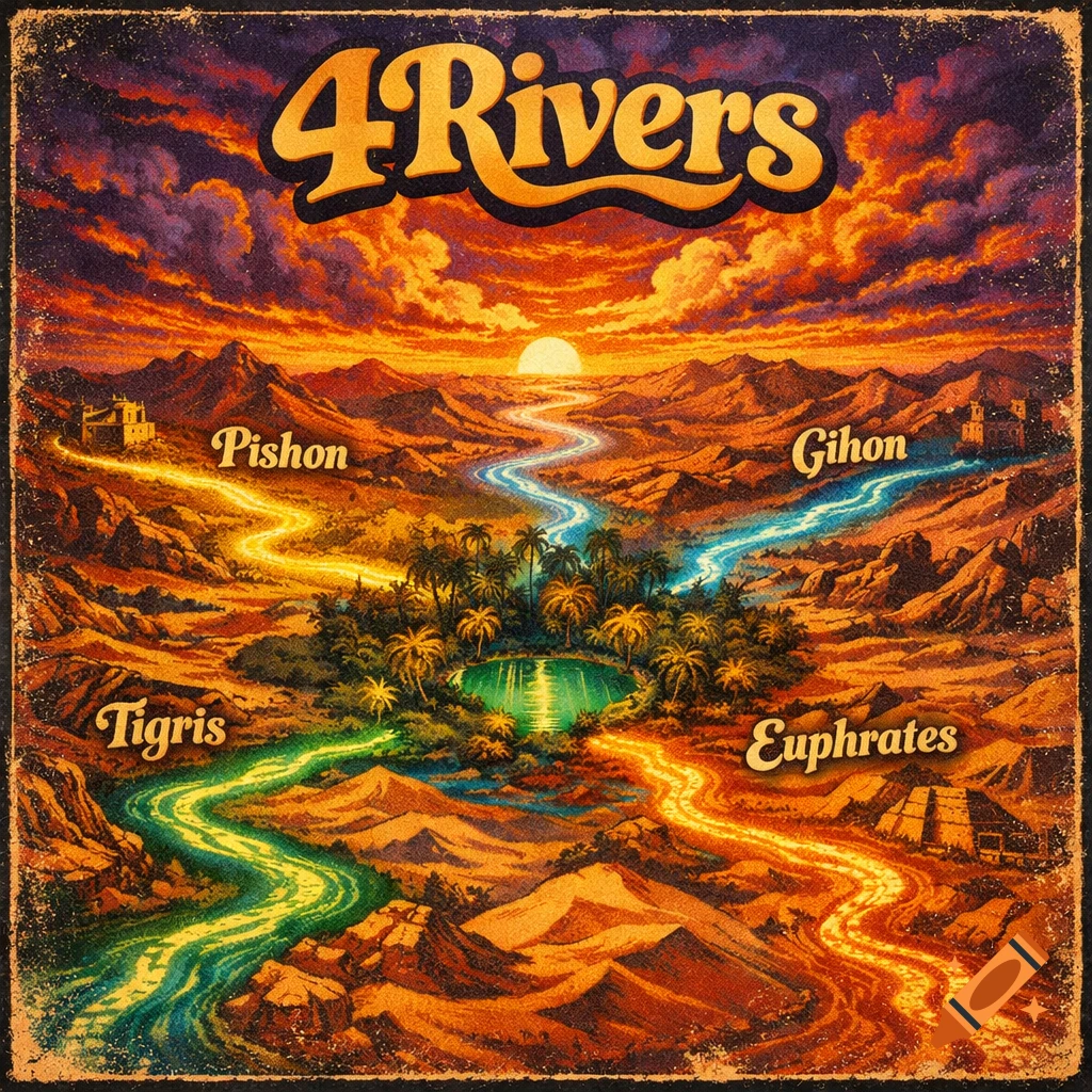 Psychedelic vintage album cover art: A sunset desert map with four glowing rivers, Pishon, Gihon, Tigris, and Euphrates, flowing from an oasis.
