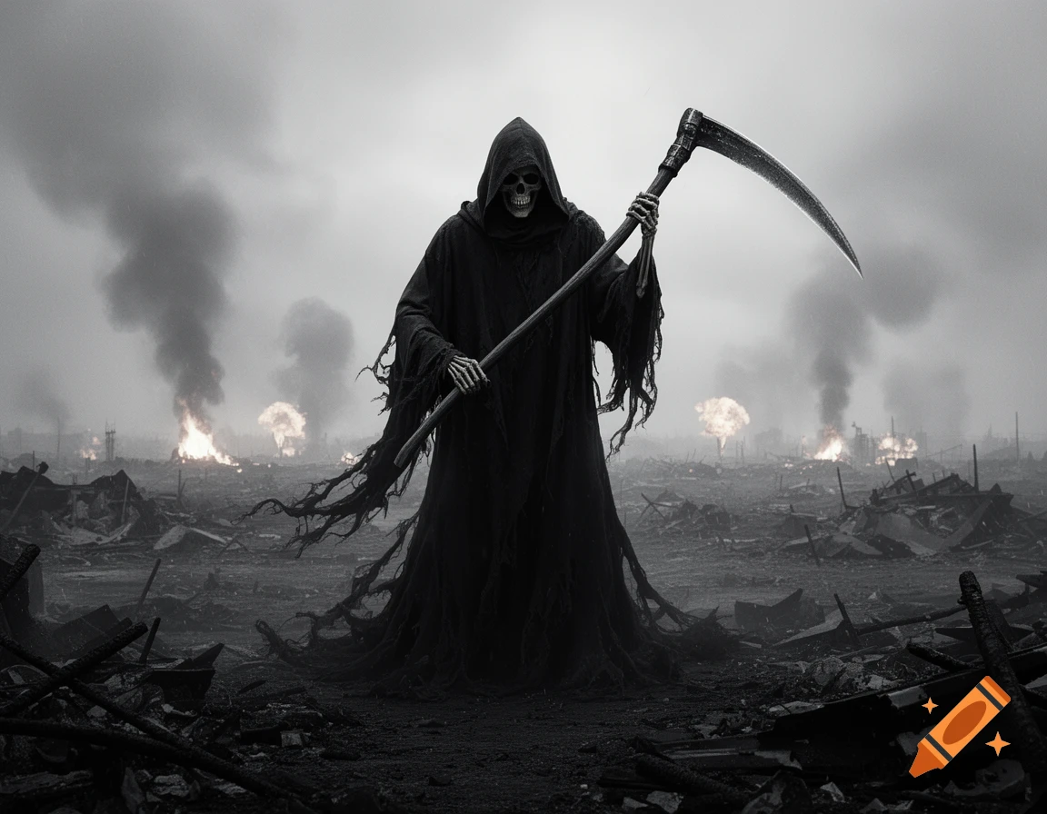 A dark, hooded Grim Reaper with a scythe stands in a desolate, war-torn landscape with fires and smoke under a cloudy sky.