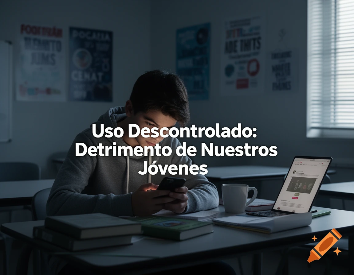 A young male student sits in a dim classroom, looking down at his phone with a laptop open next to him. Text overlay reads: Uso Descontrolado: Detrimento de Nuestros Jóvenes.
