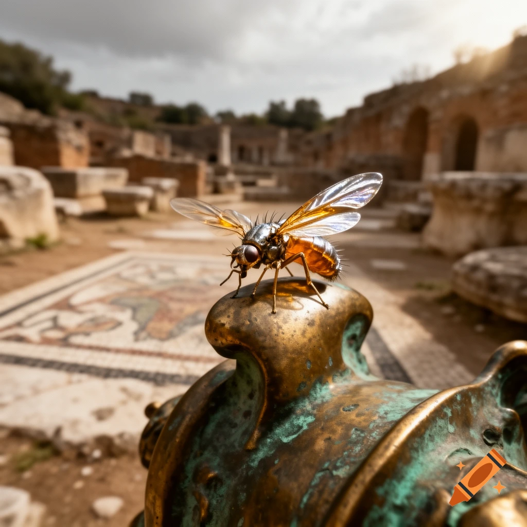 Photorealistic close-up of a fly perched on an oxidized bronze artifact, with blurred ancient Roman ruins and a mosaic in the background.