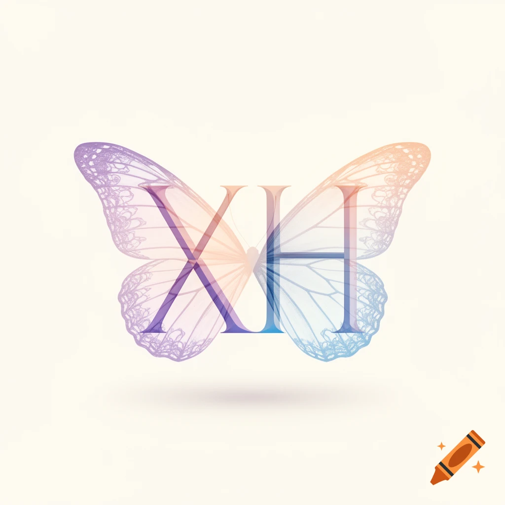 Stylized butterfly formed by superimposed gradient letters X and H, on a light background.