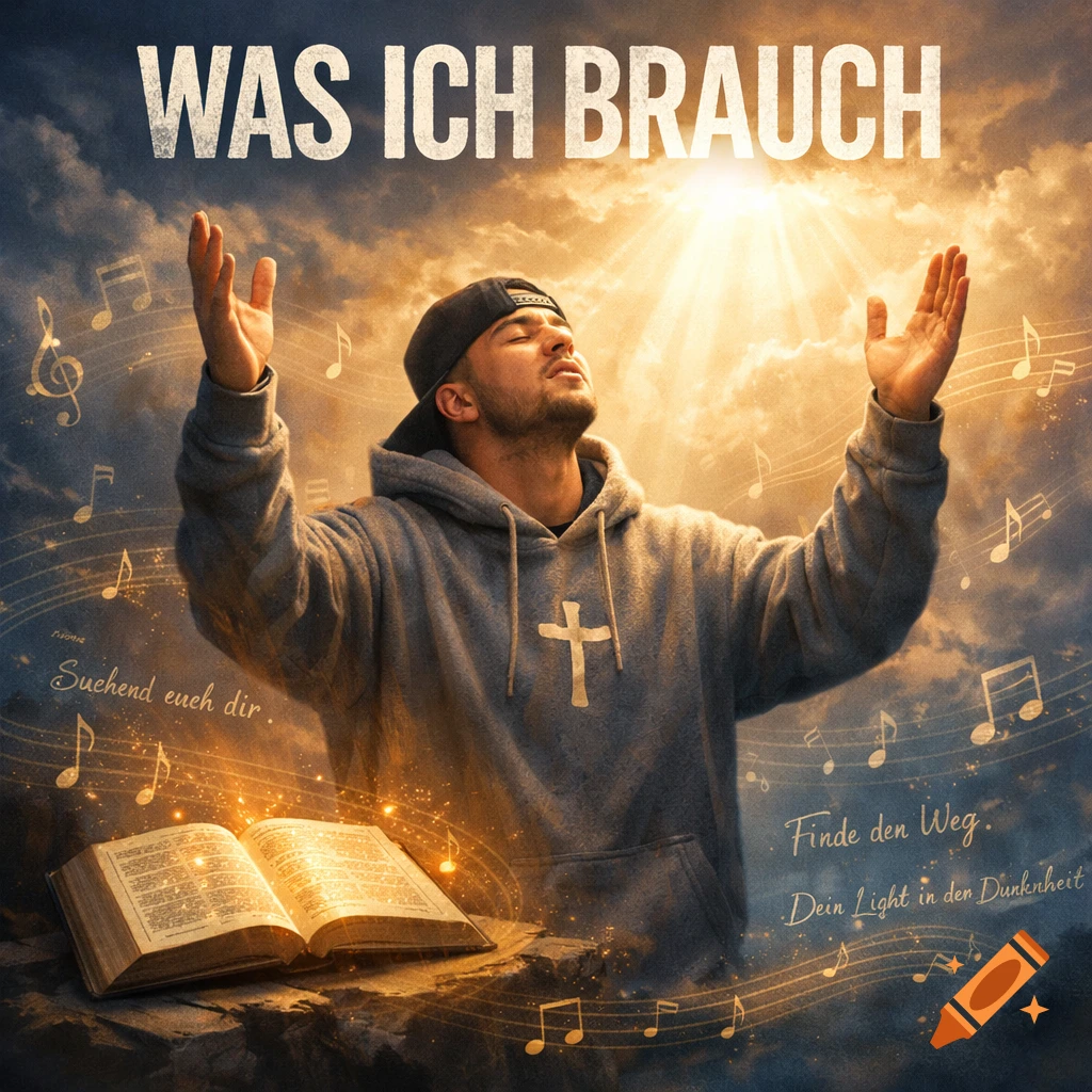 A man with a cross on his hoodie raises his hands towards a bright light in a cloudy sky. Musical notes float around an open Bible, with text "WAS ICH BRAUCH" above.