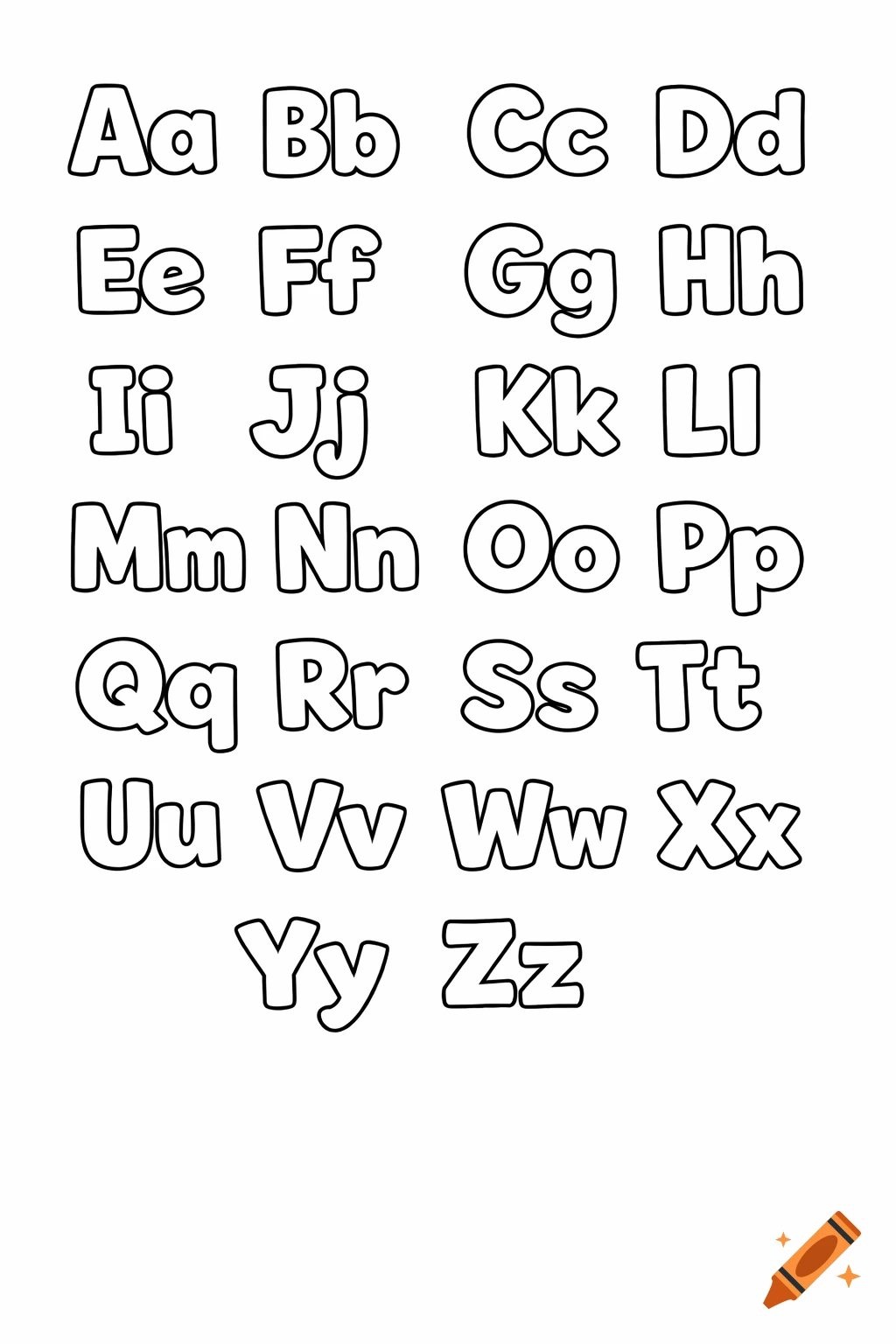 Black and white alphabet worksheet displaying all uppercase and lowercase letters (Aa-Zz) in a bubble-style font for coloring.