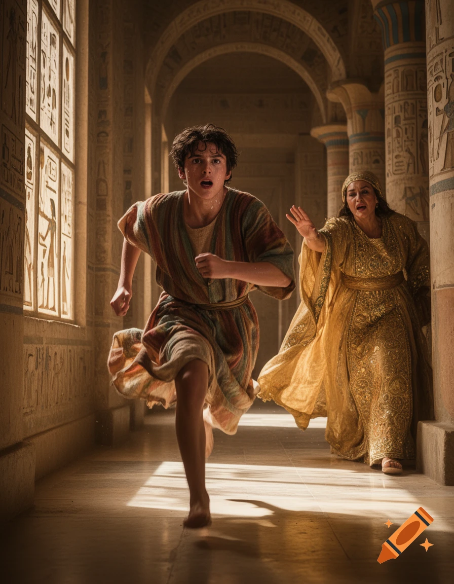 A young man in striped robes runs in fear through a sunlit ancient Egyptian hall as an older woman in a gold dress reaches for him.