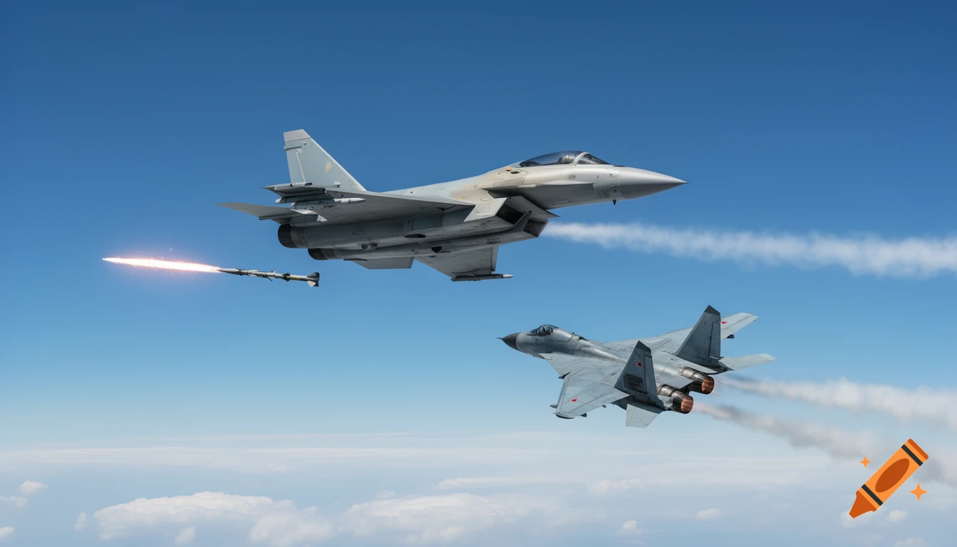 Two fighter jets in a dogfight, a Eurofighter firing a missile at a MiG-29 in a clear blue sky.