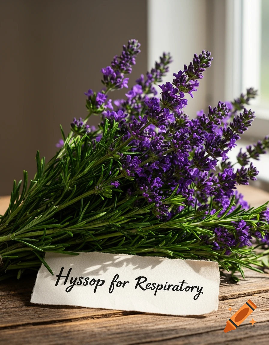 A close-up shot of a bouquet of purple hyssop flowers with a white tag reading 'Hyssop for Respiratory' on a wooden surface.
