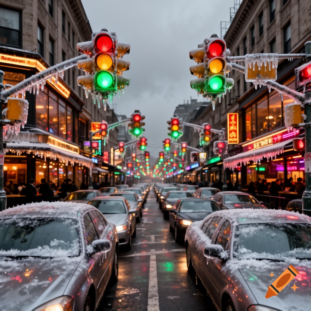 A snowy and icy city street at dusk, lined with restaurants and a long line of cars. Numerous traffic lights glow red, yellow, and green, covered in thick ice.