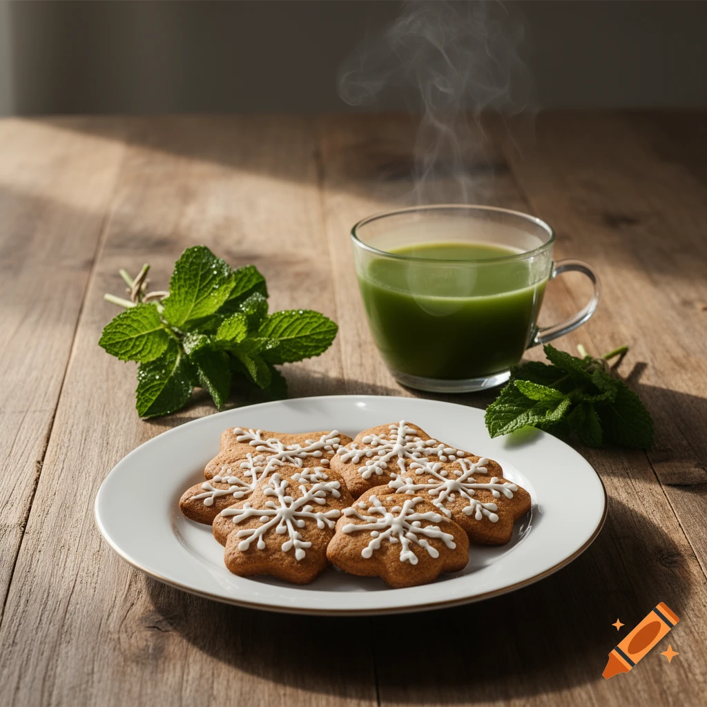 Gingerbread cookies with snowflake icing, a steaming cup of matcha tea, and fresh mint on a wooden table.