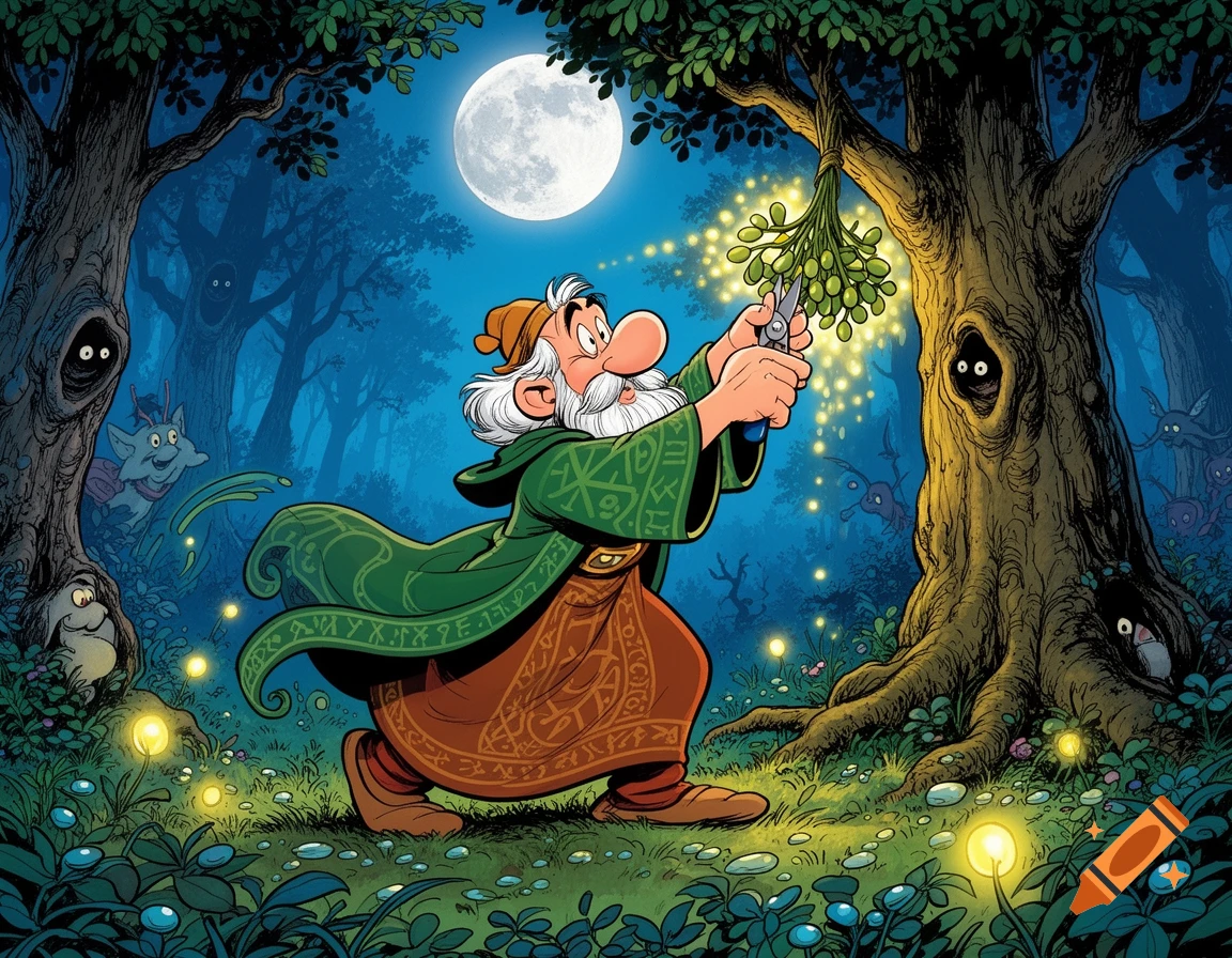 A colorful cartoon druid with a white beard and green robe cuts mistletoe from a tree under a bright full moon in a magical forest.