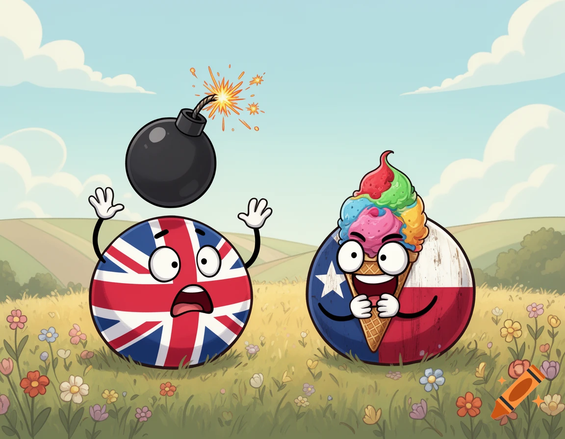 A cartoon UK countryball, scared by a lit bomb, stands next to a happy Texas countryball holding a rainbow ice cream cone in a flowery field.