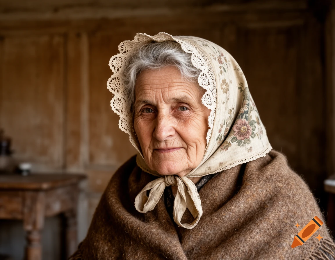Close-up portrait of an elderly woman with a white lace bonnet and a floral scarf, wrapped in a brown shawl, looking at the viewer.