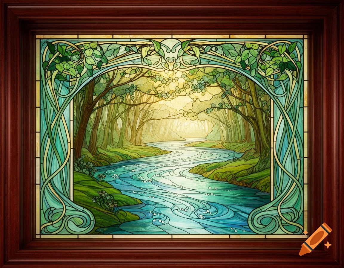 Art Nouveau stained glass window depicting a vibrant green forest with a winding blue river under a sunny sky.