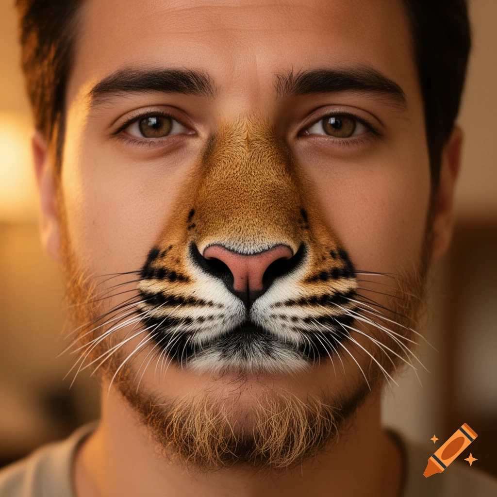 Close-up portrait of a man with a tiger's nose, mouth, and whiskers blended seamlessly into his face.
