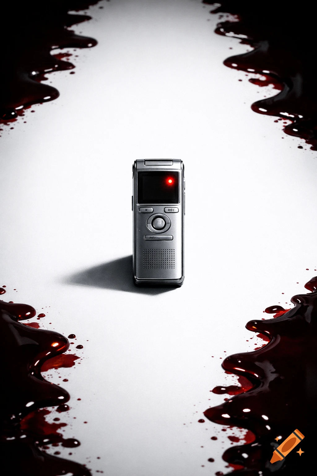 A silver digital voice recorder with a glowing red light sits centered on a pristine white surface, surrounded by dark crimson liquid spreading from the edges in a high-contrast, photorealistic style.