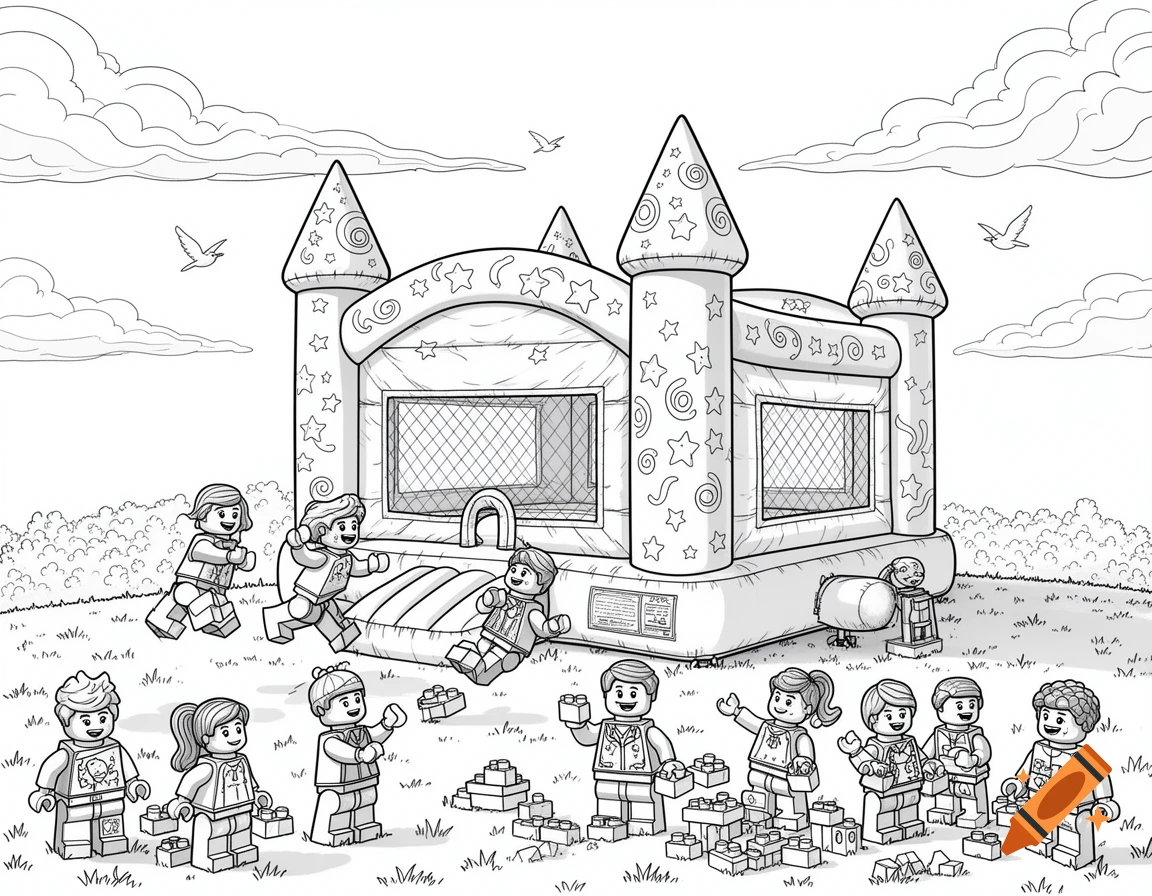 Black and white coloring page showing Lego-style children playing around a large bouncy castle outdoors under a cloudy sky.