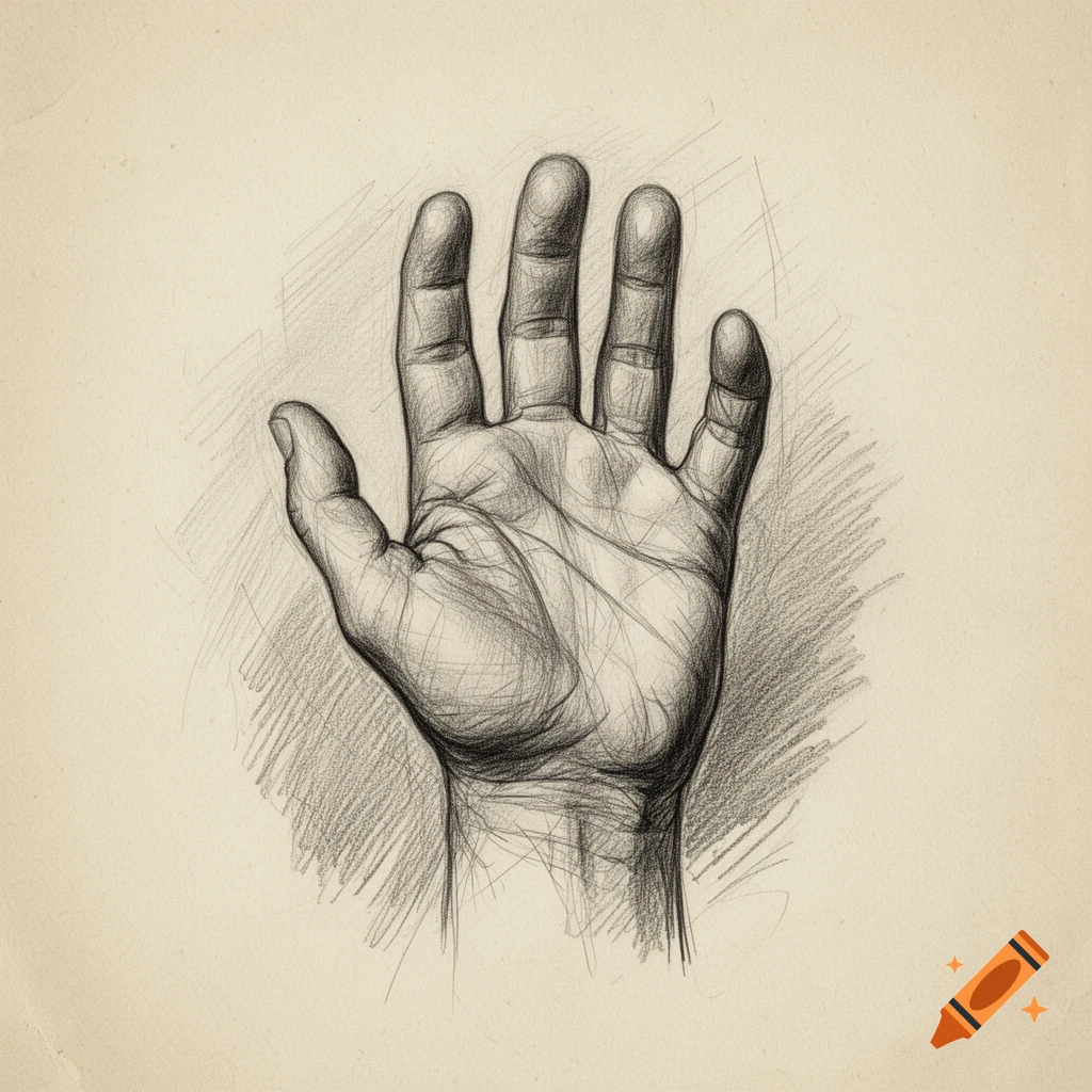 Realistic pencil drawing of a human hand with messy lineart.
