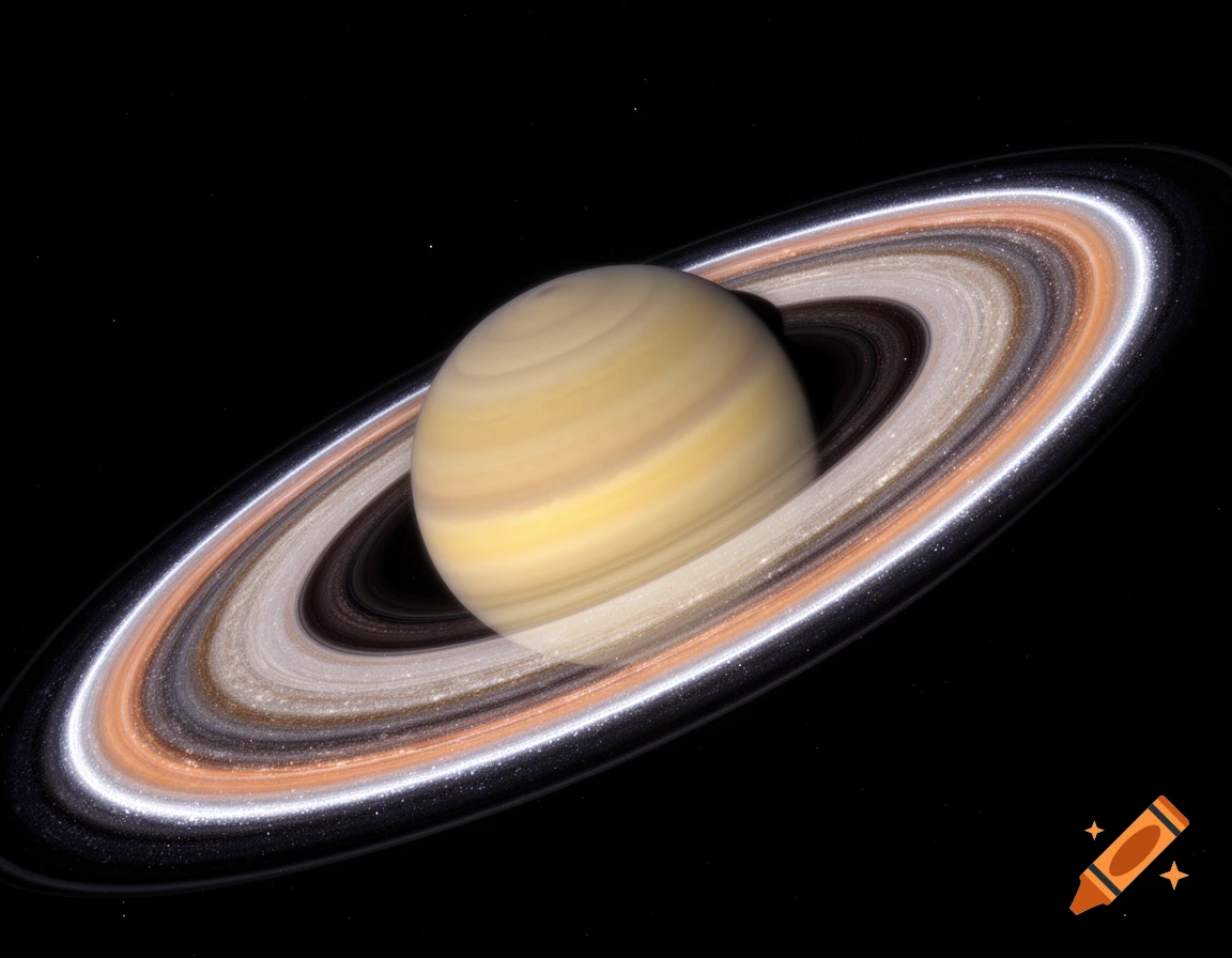 A photorealistic image of the gas giant Saturn with its distinct, colorful rings, set against a dark, star-speckled space.