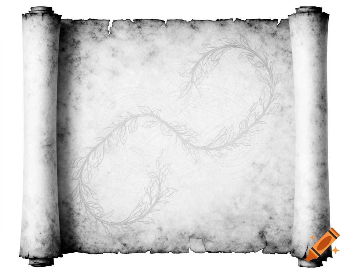 A black and white, distressed, unrolled scroll with dark, burnt edges and a faint, leafy infinity symbol design in the center.