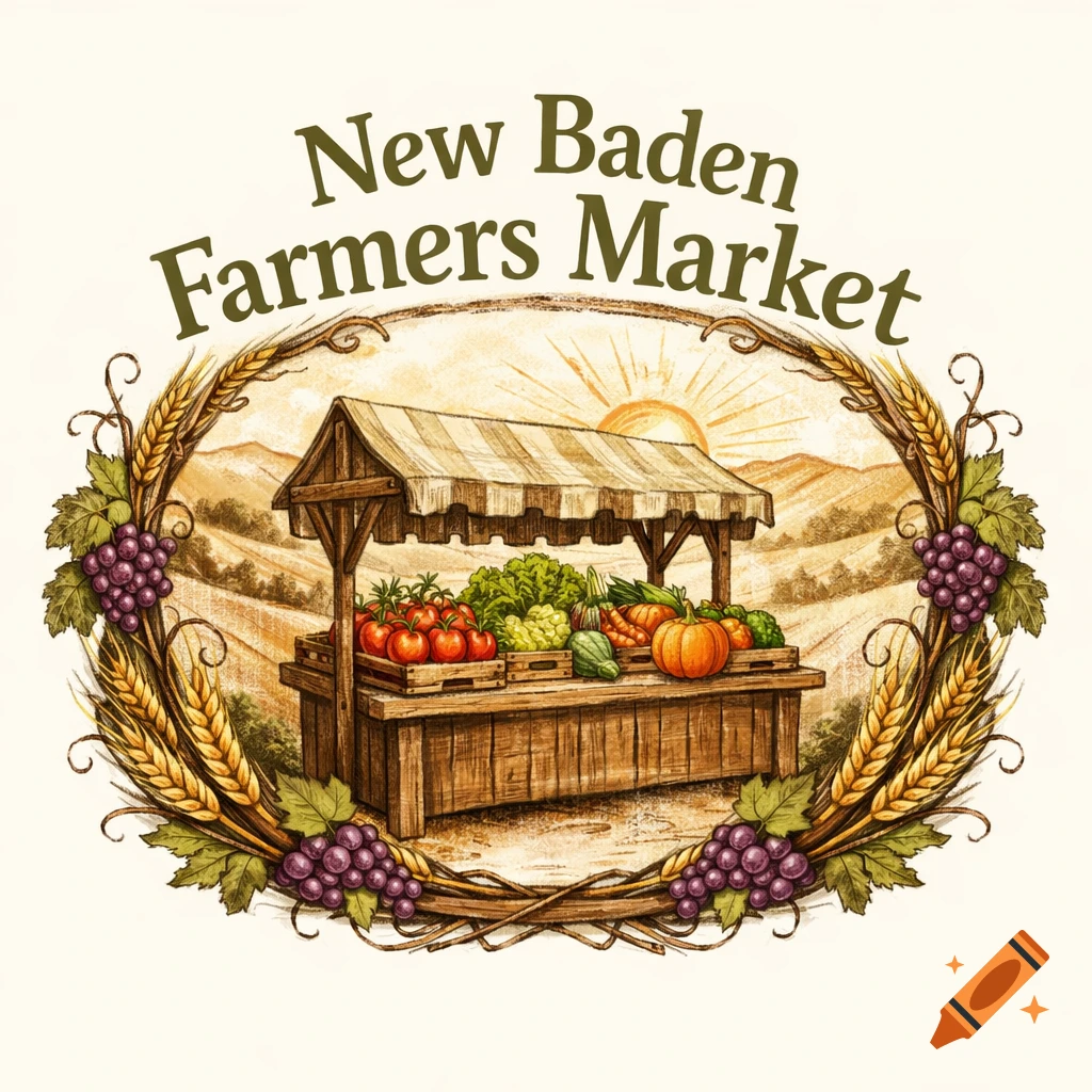 Rustic logo for New Baden Farmers Market, featuring a market stall with vegetables, wheat, grapes, and a sunrise, in an illustrative style.