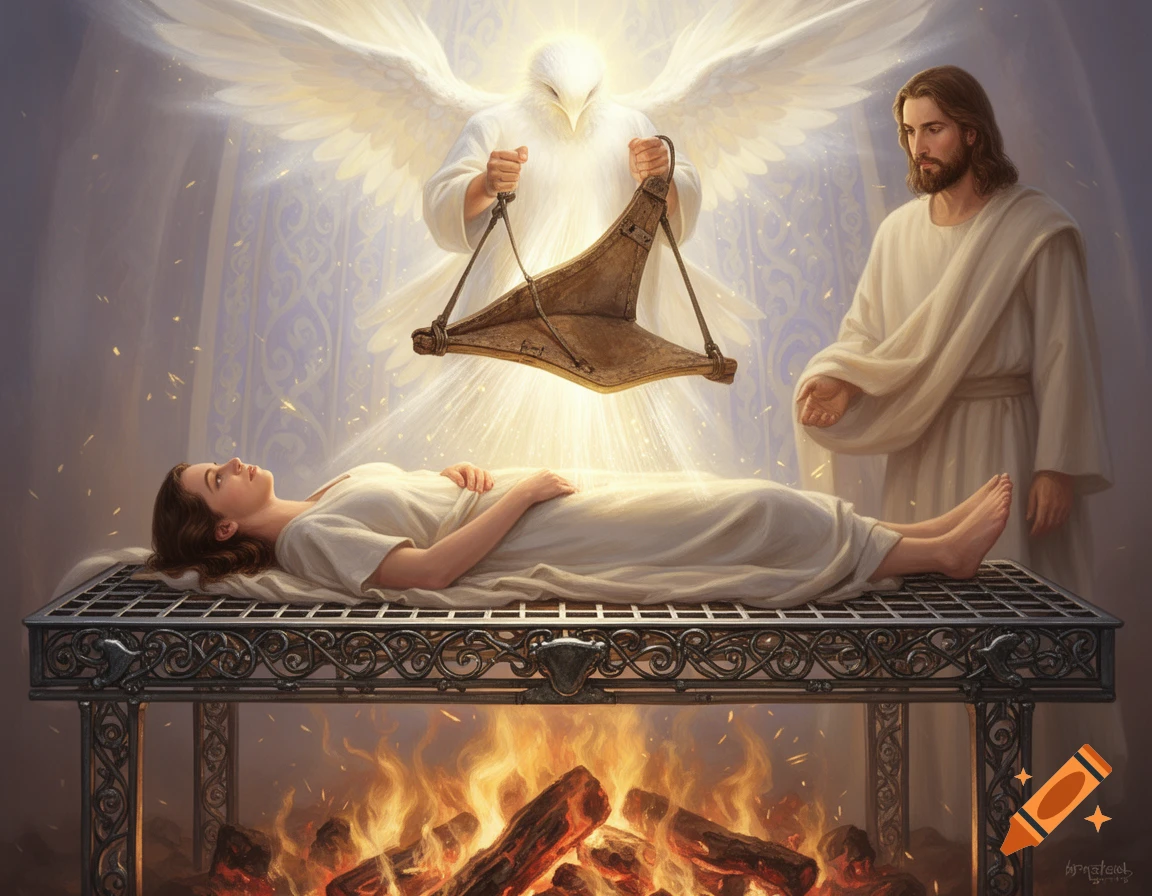 A digital painting depicts a woman on a metal grate over fire, with Jesus and a winged, dove-headed angel holding a bellow.