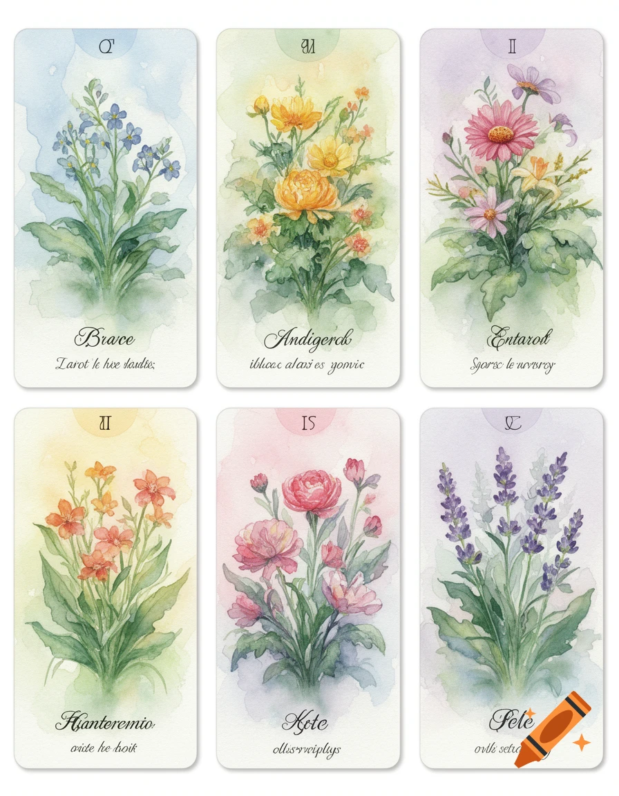 Six watercolor tarot cards arranged in a grid, each featuring a different floral bouquet and faint text. Pastel backgrounds fade from blue, yellow, purple, orange, pink, to lavender.
