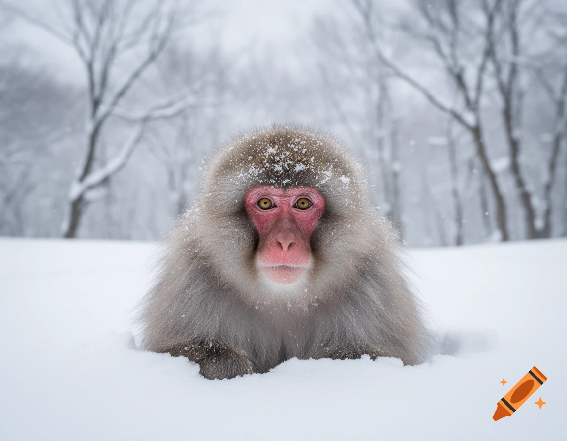 A close-up of a snow monkey with red face and white fur, looking directly at the viewer in a snowy forest.