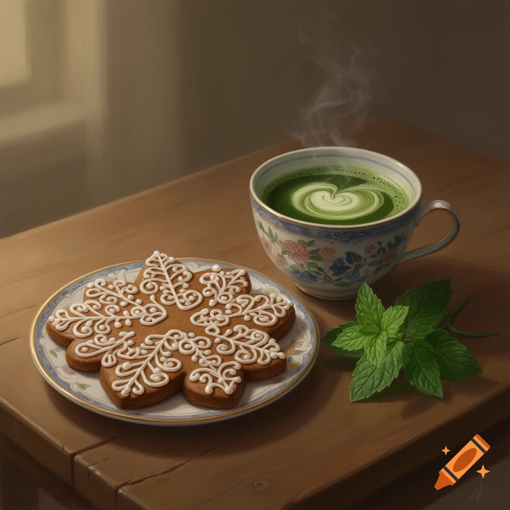 A gingerbread cookie with white icing on a floral plate, a steaming cup of matcha tea with latte art, and fresh mint leaves on a wooden table, photorealistic.