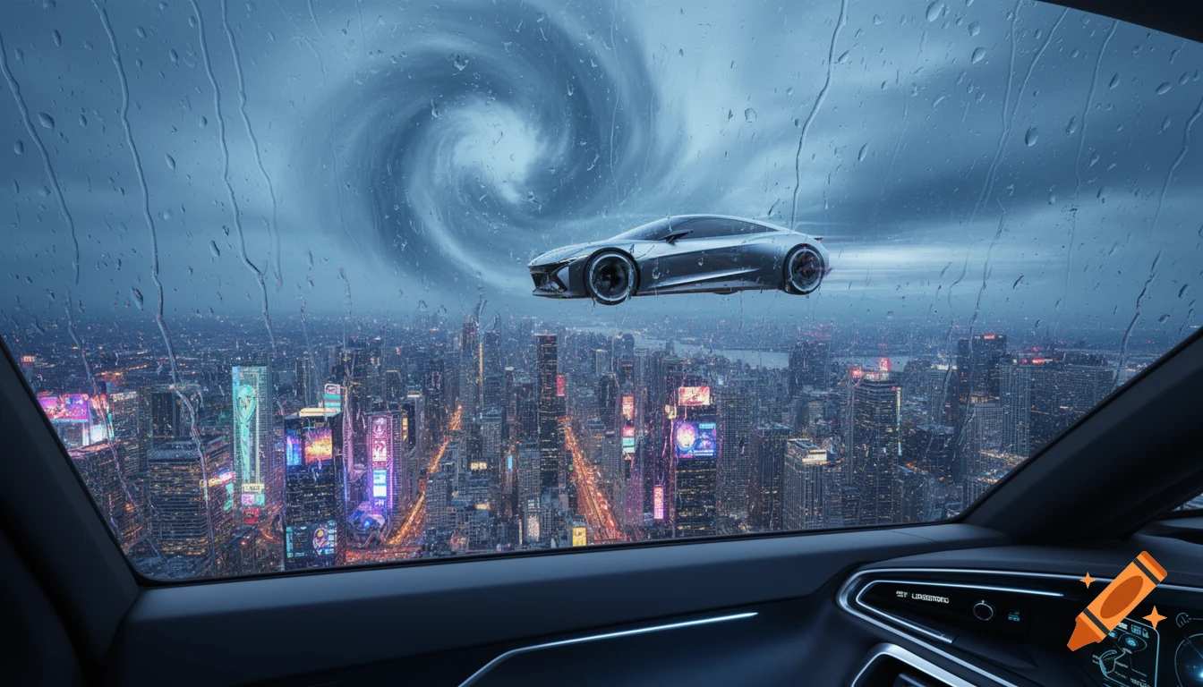 A futuristic silver car flies over a vast cyberpunk city under a stormy, swirling sky, viewed from inside another vehicle through a rain-streaked window.