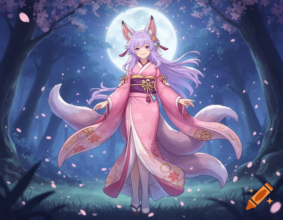 Anime-style kitsune girl with purple hair, multiple tails, and a pink kimono stands in a moonlit cherry blossom forest.