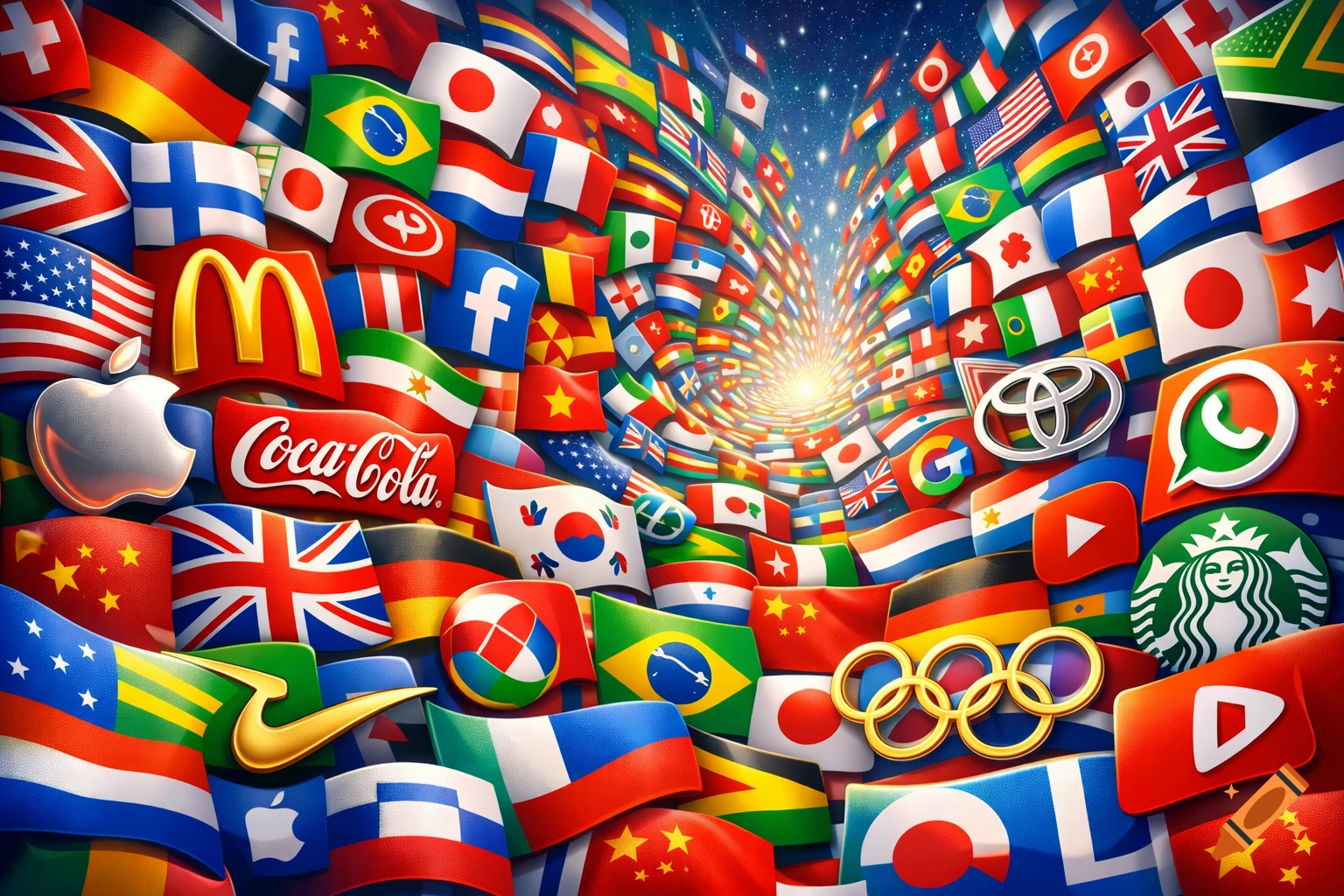 A vibrant vortex made of various national flags and corporate logos, creating an effect of global interconnectedness.