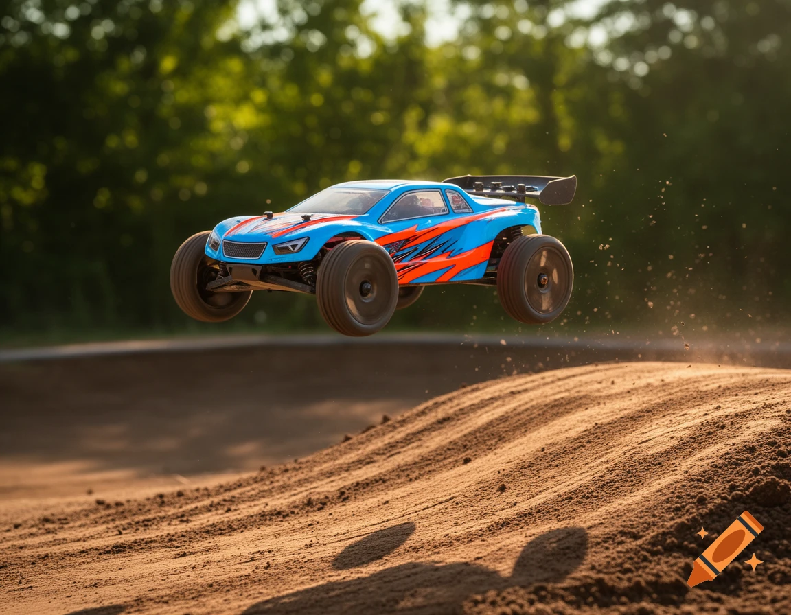 A blue and orange RC car with racing stripes jumps over a dirt mound on an outdoor track under a bright sky.